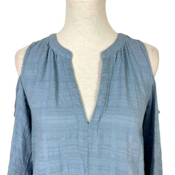 BCBGMaxazria | Elin Blue Cold Shoulder Textured Cotton Relaxed Fit Top - Picture 5 of 11